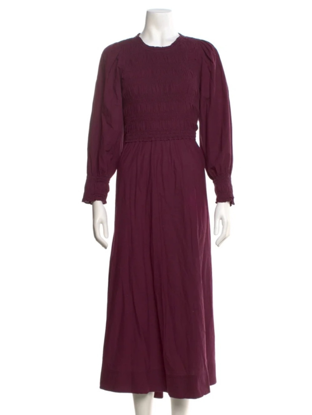 Apiece Apart Long-Sleeve Shirred Waist Midi Dress in Plum